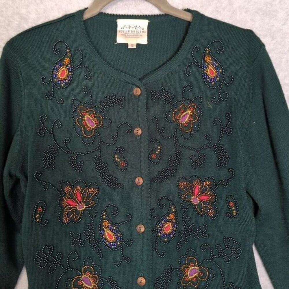 Susan Bristol Vintage Hand embroidered Green Floral Paisley Cardigan Small Retro